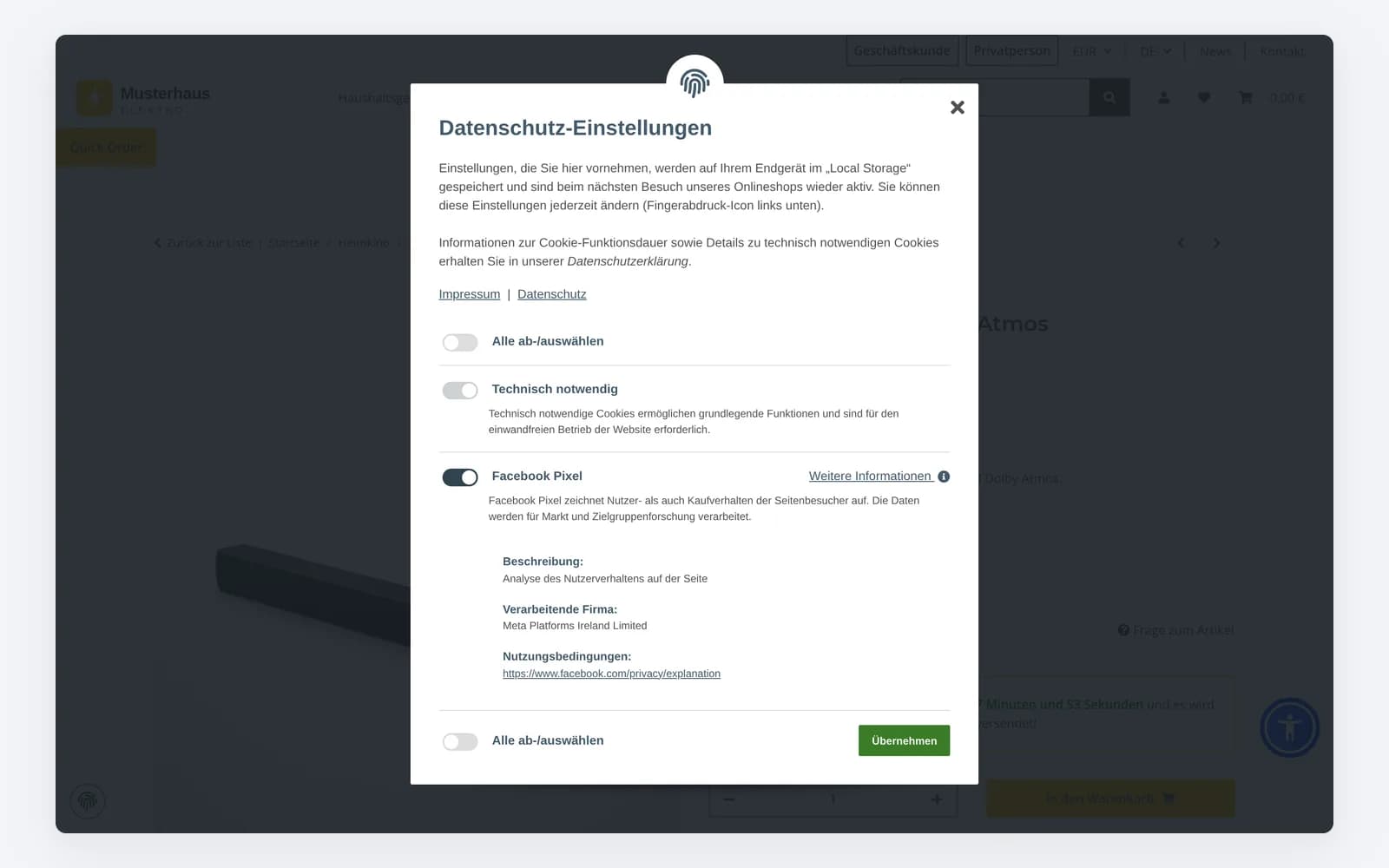 Facebook Pixel als eigener Eintrag im JTL-Consent-Manager, geladen erst nach Zustimmung.