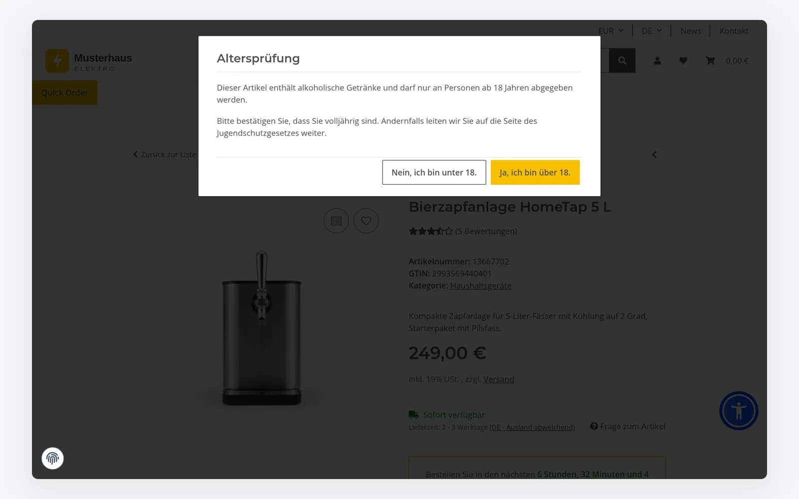 Altersprüfung im JTL-Shop: Popup vor einem Artikel ab 18, Kunden bestätigen ihre Volljährigkeit.