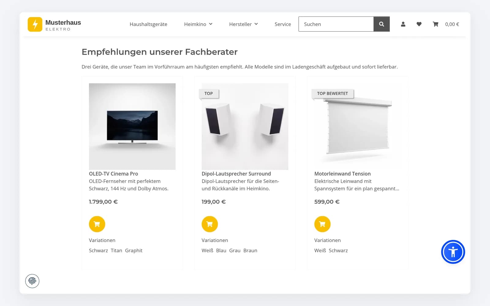 Drei Artikel-Boxen mit Warenkorb-Button und Variationen frei platziert auf der Startseite