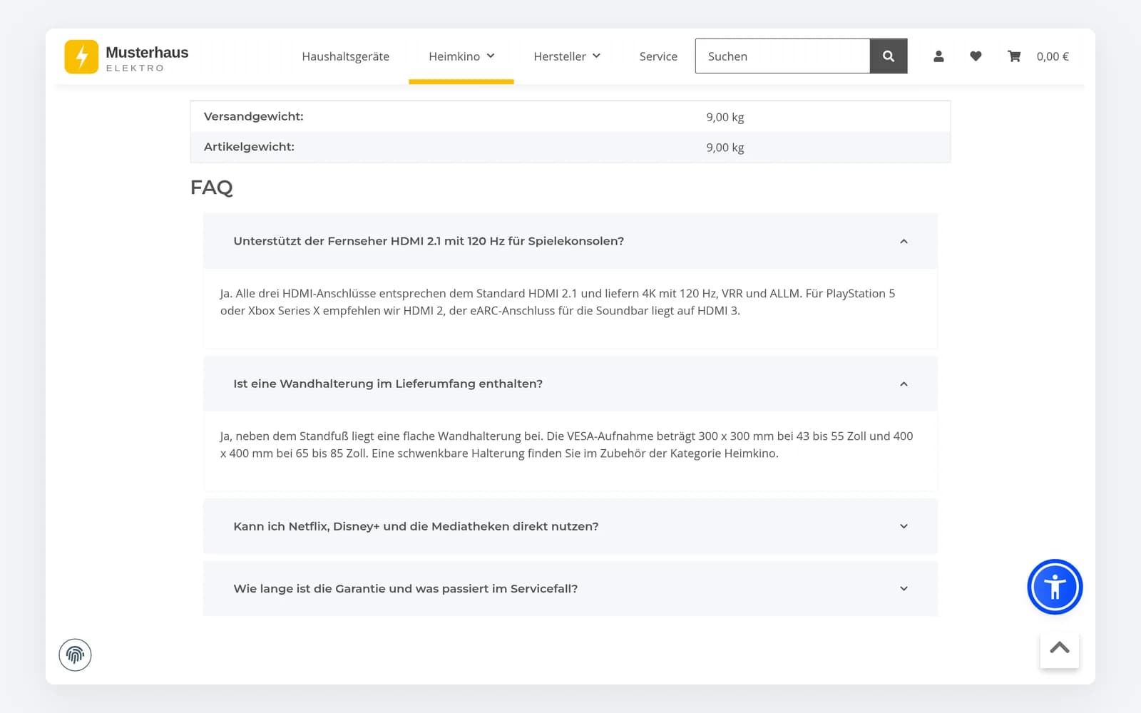 Artikel-FAQ auf der Produktseite: Fragen als Akkordeon direkt unter der Beschreibung
