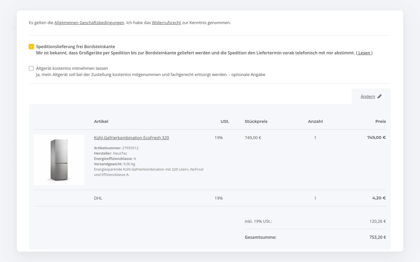 Speditions- und Altgeräte-Checkbox erscheinen im Kaufabschluss nur, wenn ein Großgerät im Warenkorb liegt.