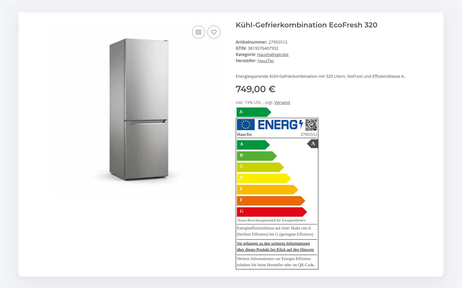 EU-Energielabel mit Effizienzpfeil und Skala A bis G direkt am Preis im JTL-Shop 5.8