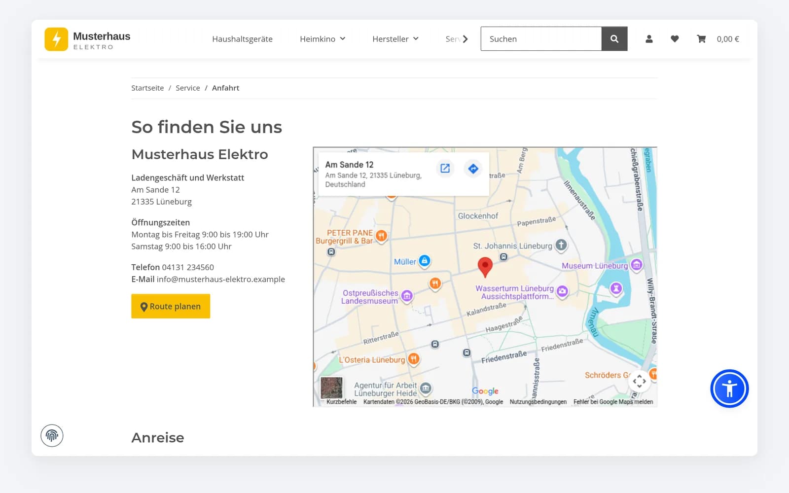 Google-Maps-Karte per OnPage-Composer auf der Anfahrtsseite, direkt neben Adresse und Öffnungszeiten.