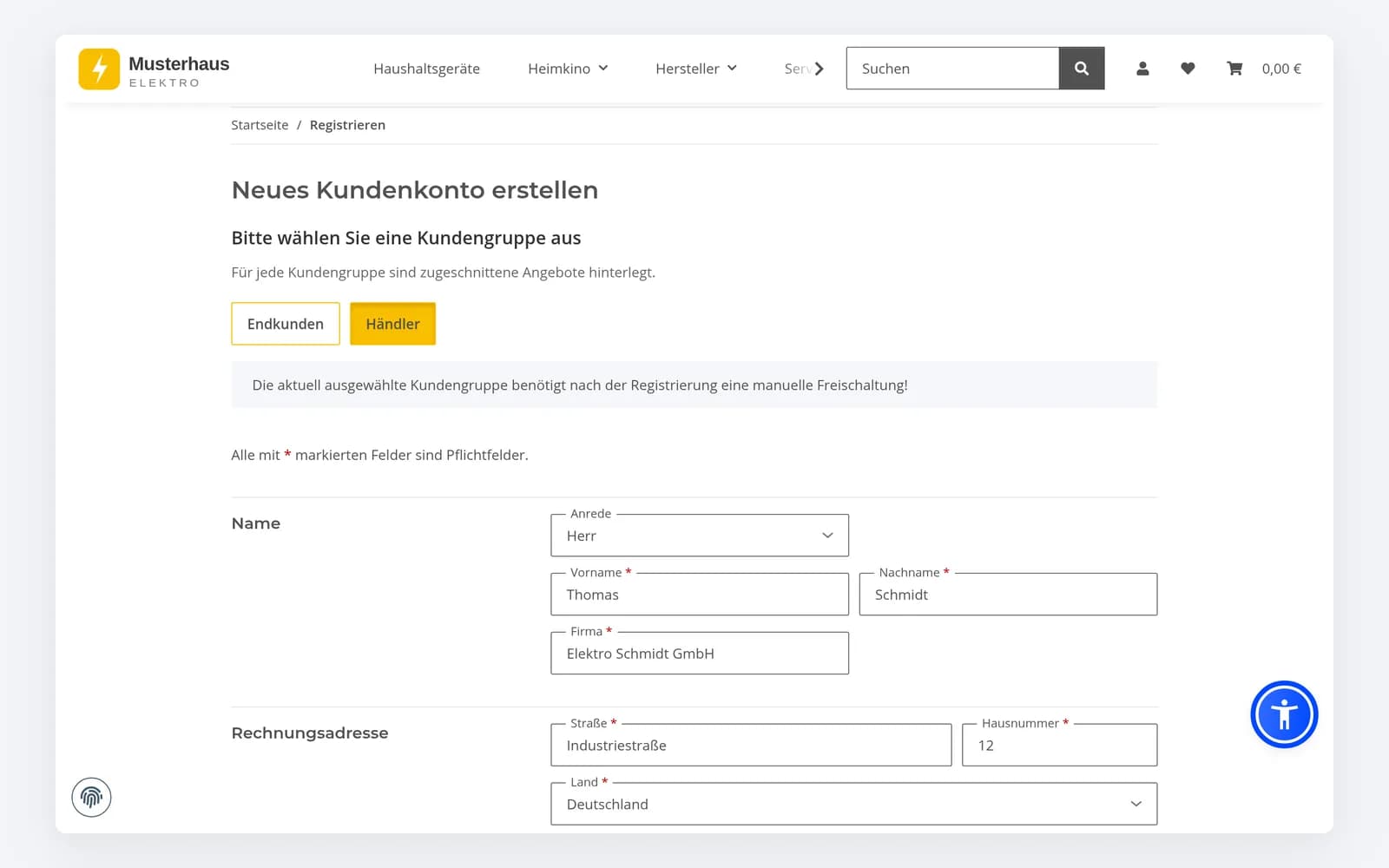 Händler wählen ihre Kundengruppe, laden den Gewerbenachweis hoch und werden manuell freigeschaltet.