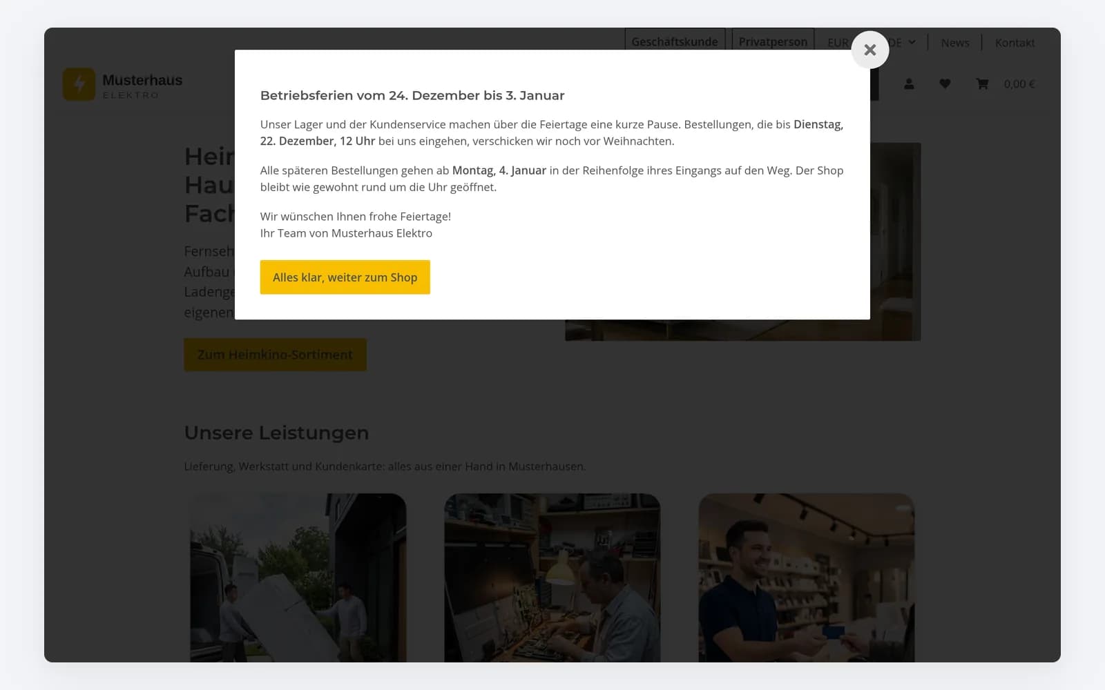 Hinweis-Popup mit Betriebsferien-Text auf der Startseite, dazu ein Aktionsbanner unter der Navigation.