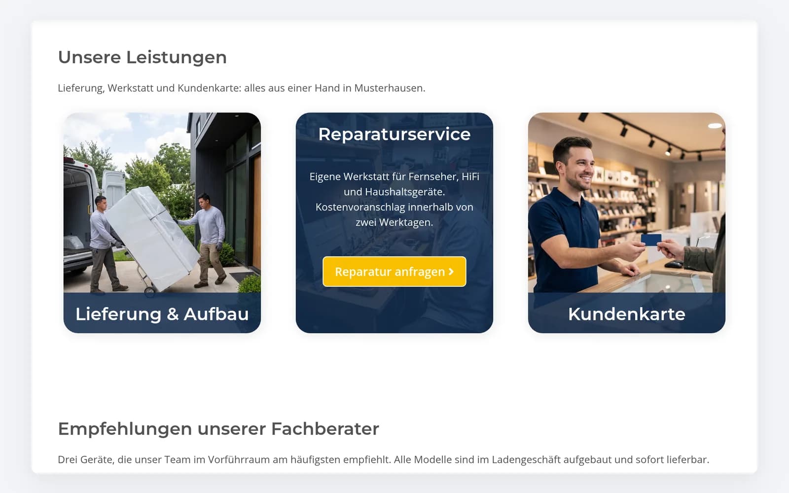 Klickbare Foto-Kacheln auf der Startseite: beim Überfahren erscheinen Text und Button.