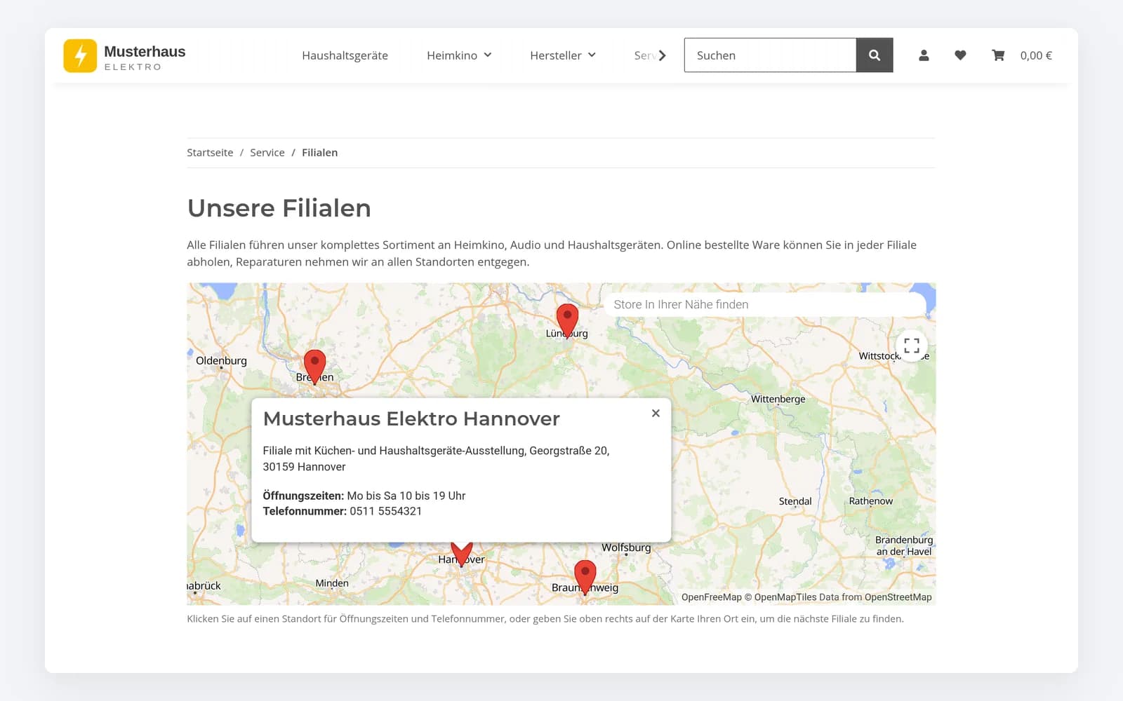 Filialkarte mit Pins und Info-Fenster: Adresse, Öffnungszeiten und Telefon je Standort.