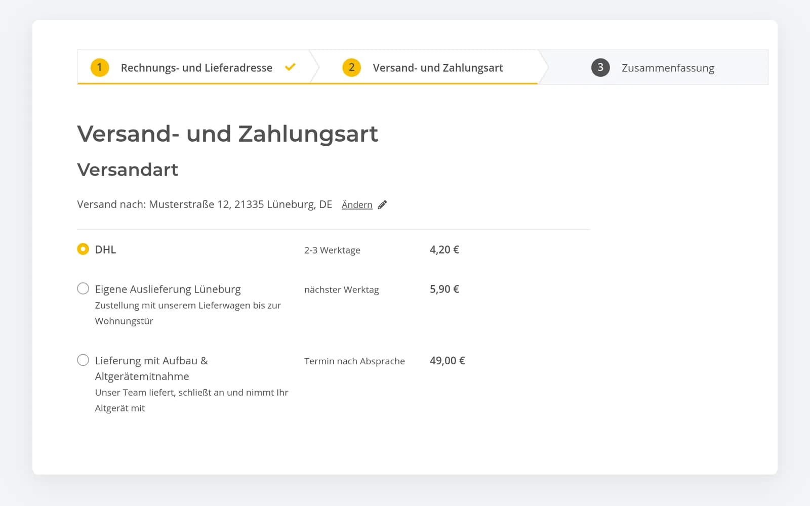 Versandschritt im Checkout: Kunde mit PLZ 21335 sieht zwei regionale Versandarten mehr