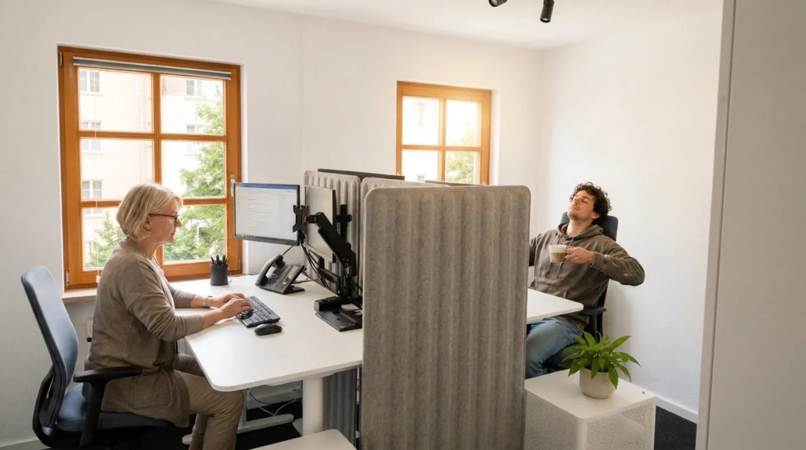 Kollegen an den hellen Fenster-Arbeitsplätzen im wnm-Büro Bayreuth