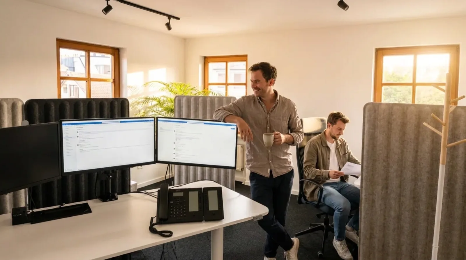 Kollegen bei der Arbeit im Büro Bayreuth mit Dreifach-Monitor-Arbeitsplätzen