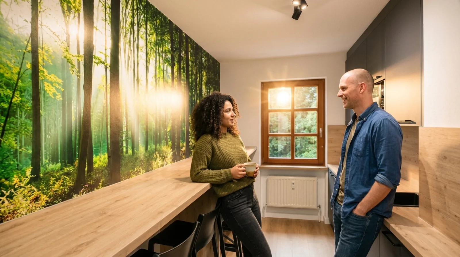 Kollegen an der Küchentheke mit Wald-Fototapete im wnm-Büro Bayreuth