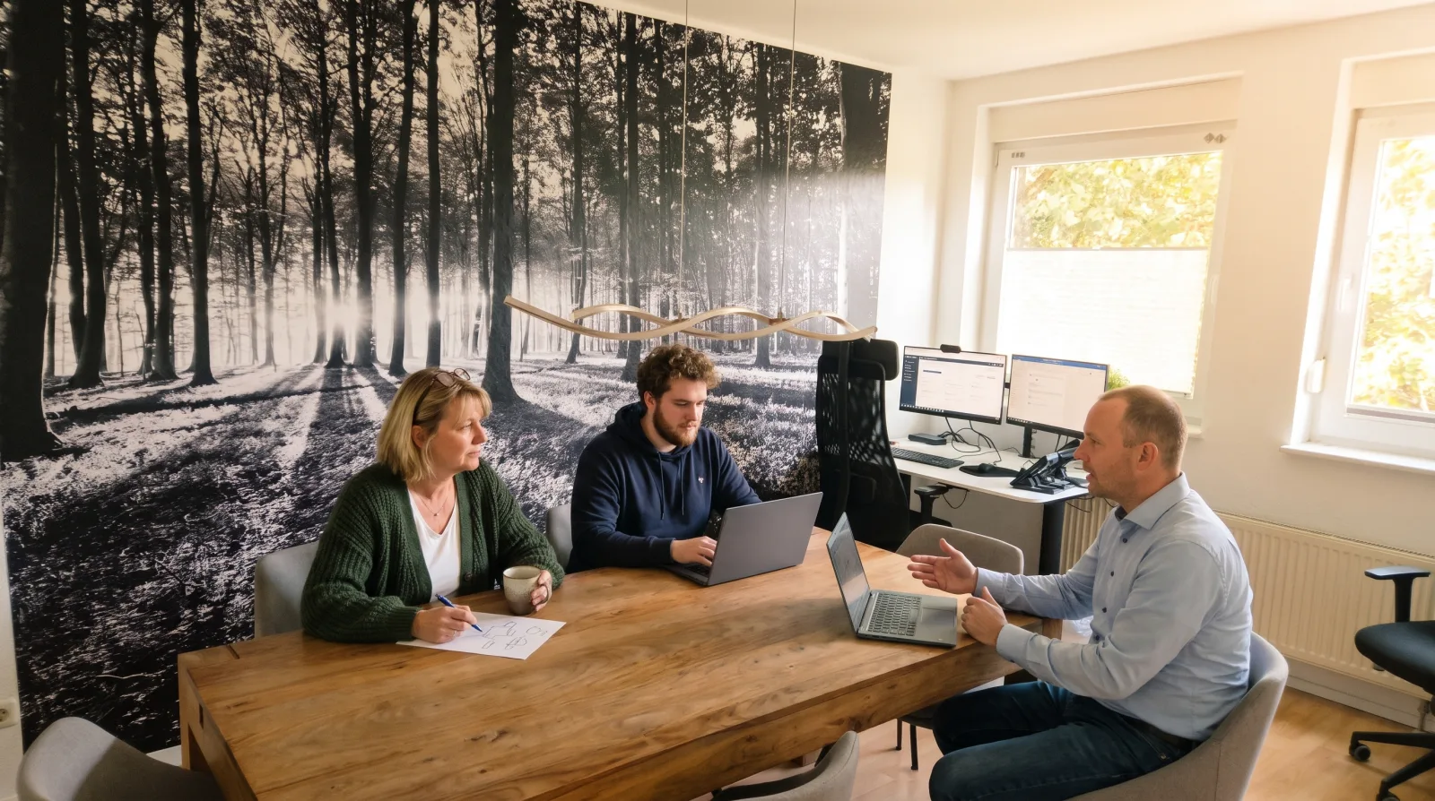 Kollegen im Gespräch am Holztisch vor der Wald-Fototapete im wnm-Büro Leverkusen