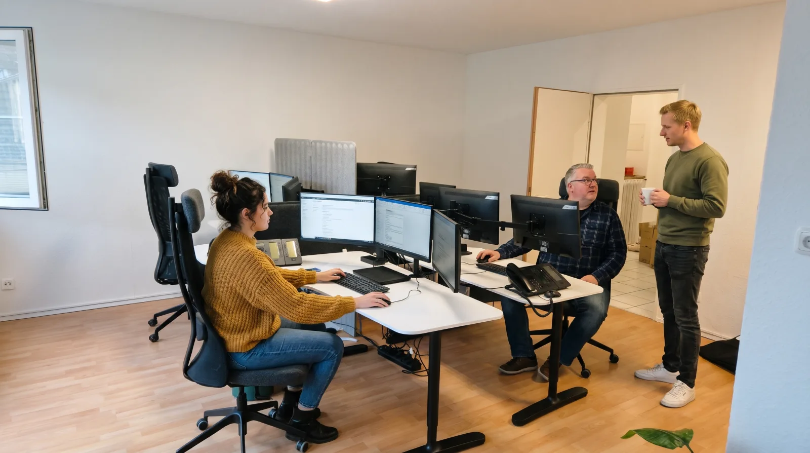 Kollegen bei der Arbeit an den Mehrfach-Monitor-Arbeitsplätzen im wnm-Büro Leverkusen