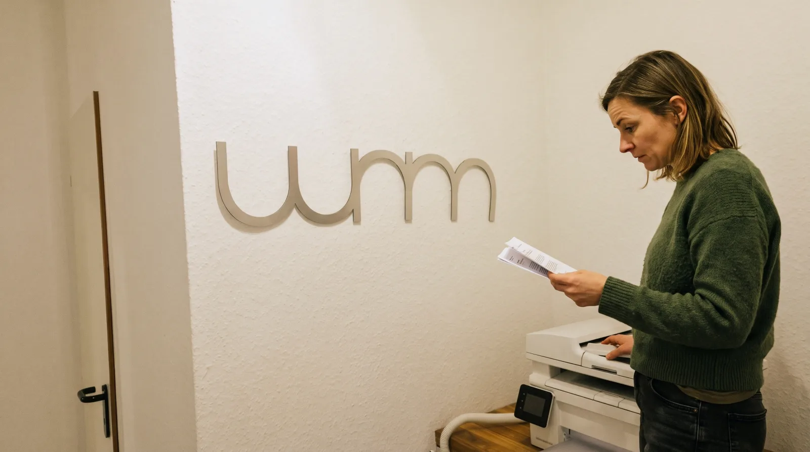 Kollegin liest frisch gedruckte Seiten am Drucker vor dem wnm-Logo im Büro Leverkusen