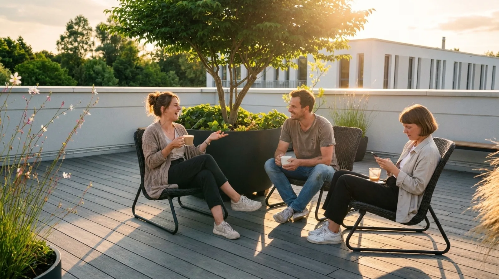 Kollegen bei der Kaffeepause auf der Dachterrasse des wnm-Büros in Lüneburg