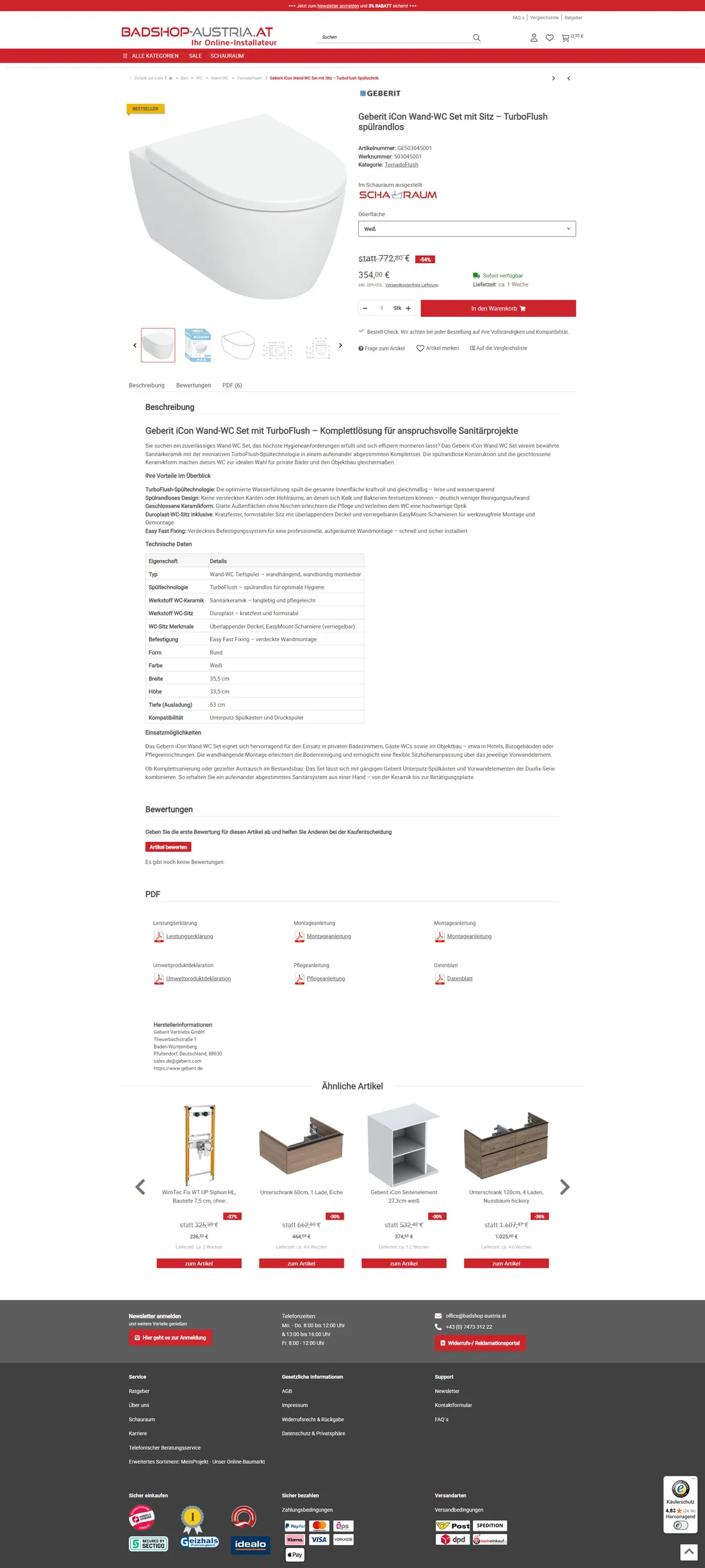 Artikeldetailseite (Geberit Wand-WC) mit Produktdaten