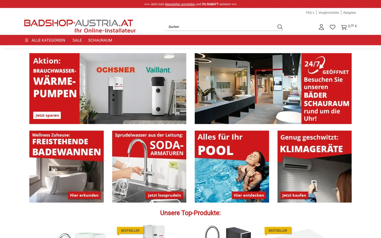 Badshop Austria, Startseite mit Aktions-Kacheln