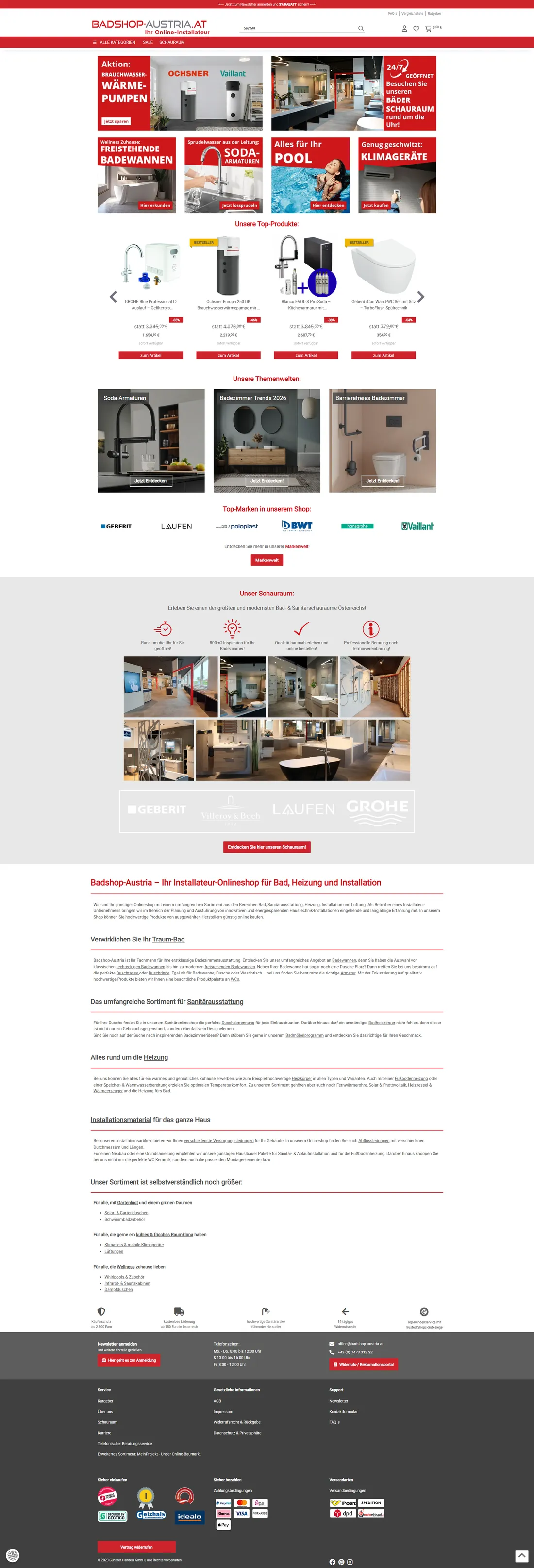 Startseite: Aktions-Kacheln, Top-Produkte, Schauraum-Hinweise und Footer
