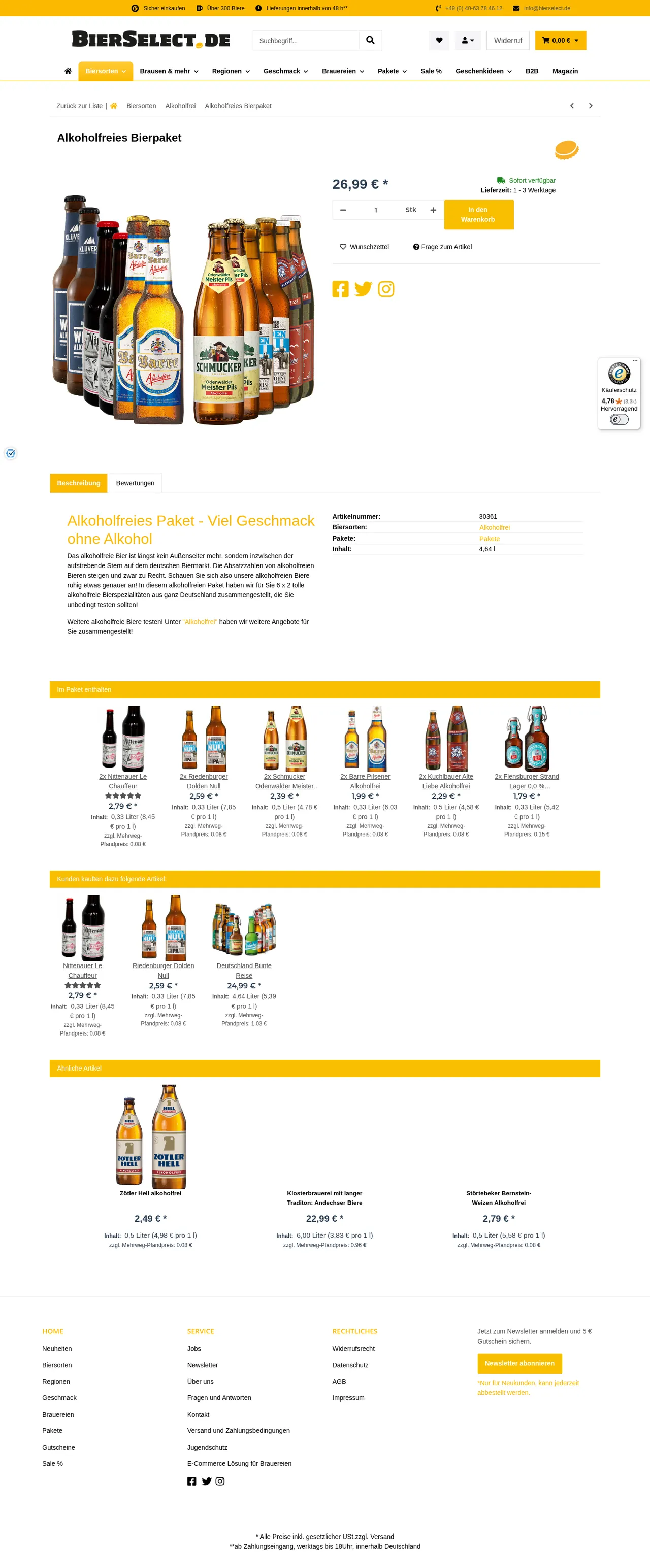 Artikeldetailseite eines Bierpakets mit Preis, Verfügbarkeit und Produktbild