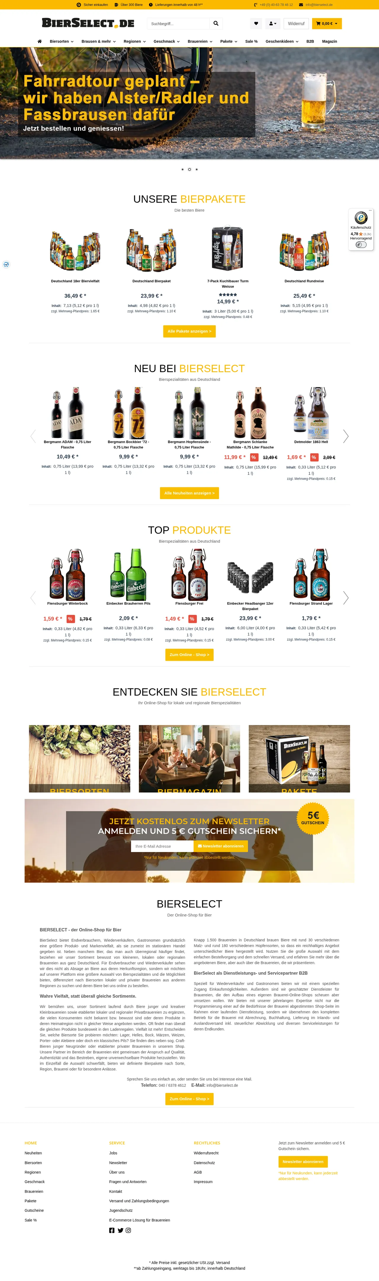Startseite: Bierpakete, Neuheiten, Top-Produkte, Biermagazin und Footer