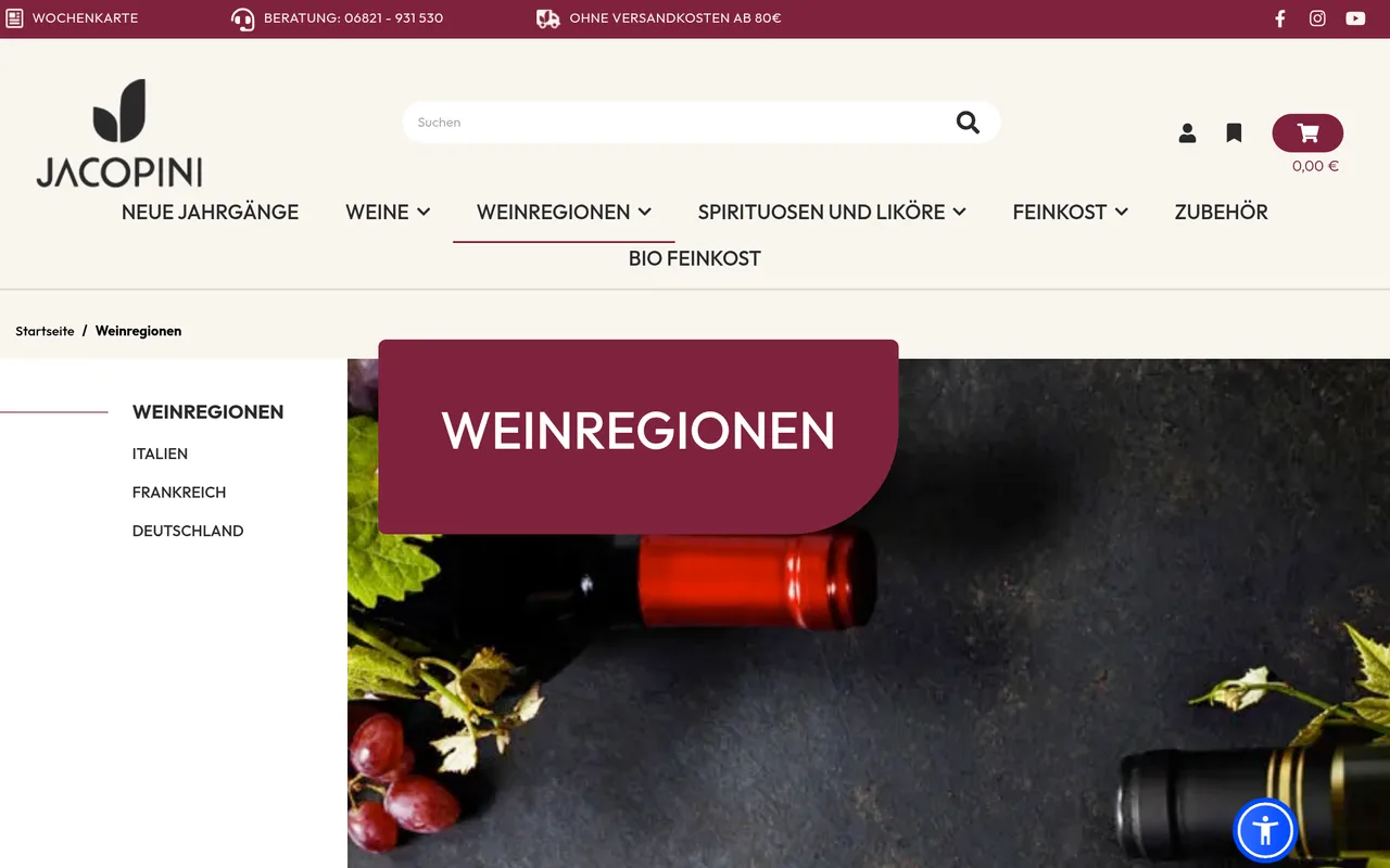 Weinregionen-Themenwelt mit redaktionellen Inhalten