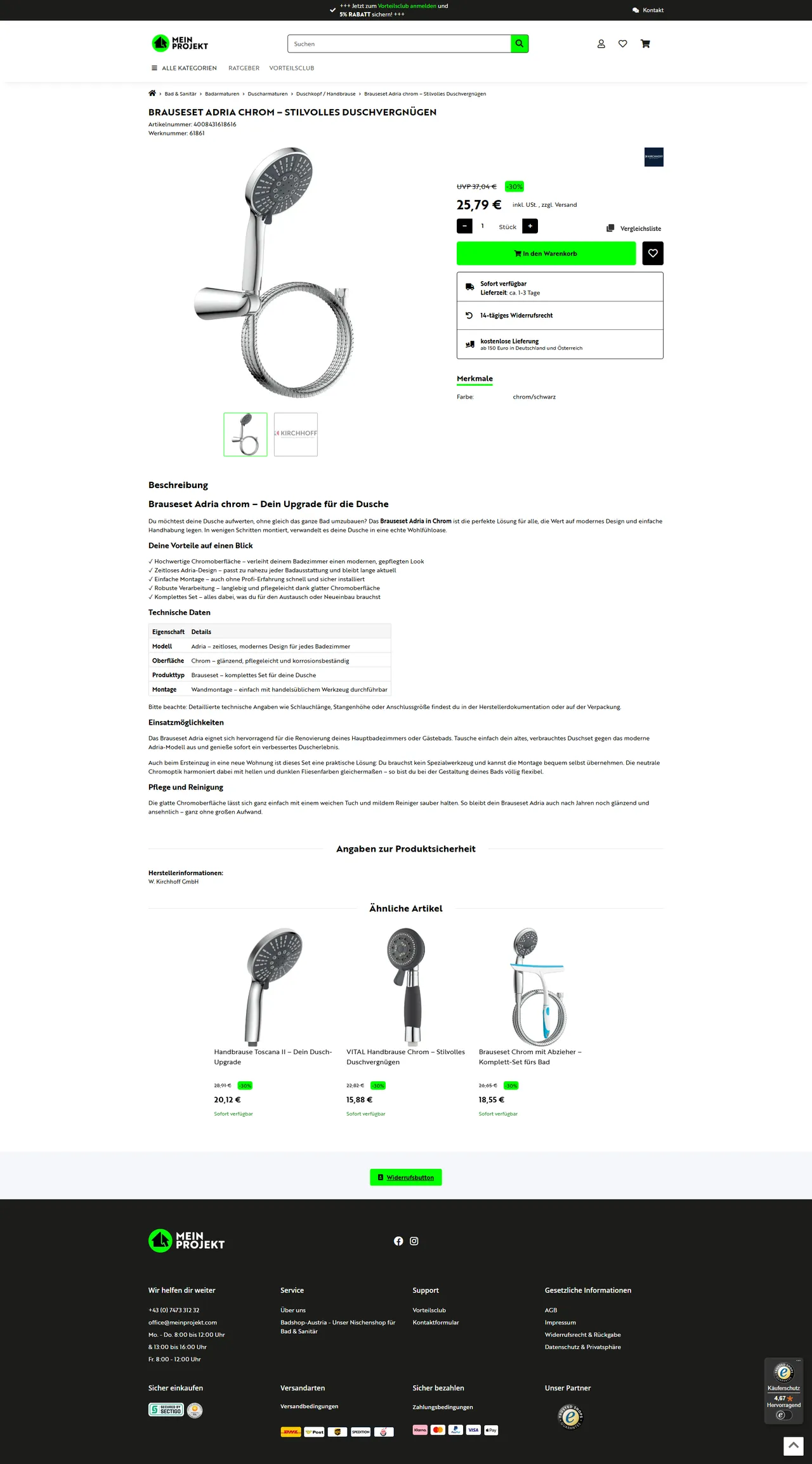 Artikeldetailseite eines Brausesets mit allen wichtigen Produktinformationen