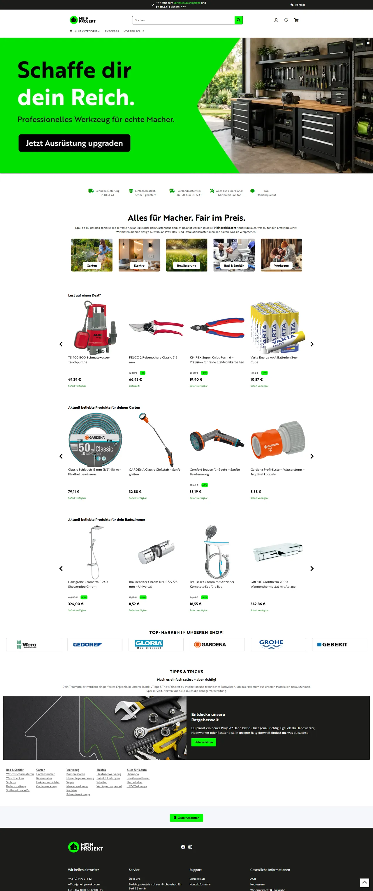 Startseite mit Aktionen, Sortimentseinstiegen, beliebten Produkten und Top-Marken