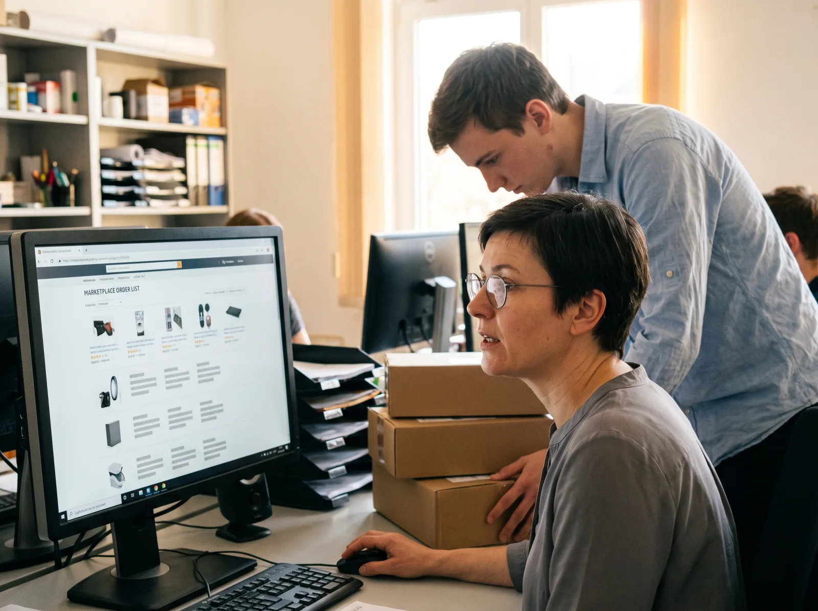 Einkäuferin prüft Marktplatz-Bestellliste am Monitor, Kollege bringt Pakete