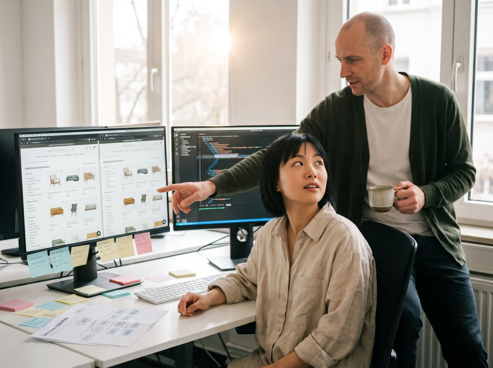 SEO-Spezialistin und Kollege vergleichen zwei identische Shopseiten neben dem Quellcode