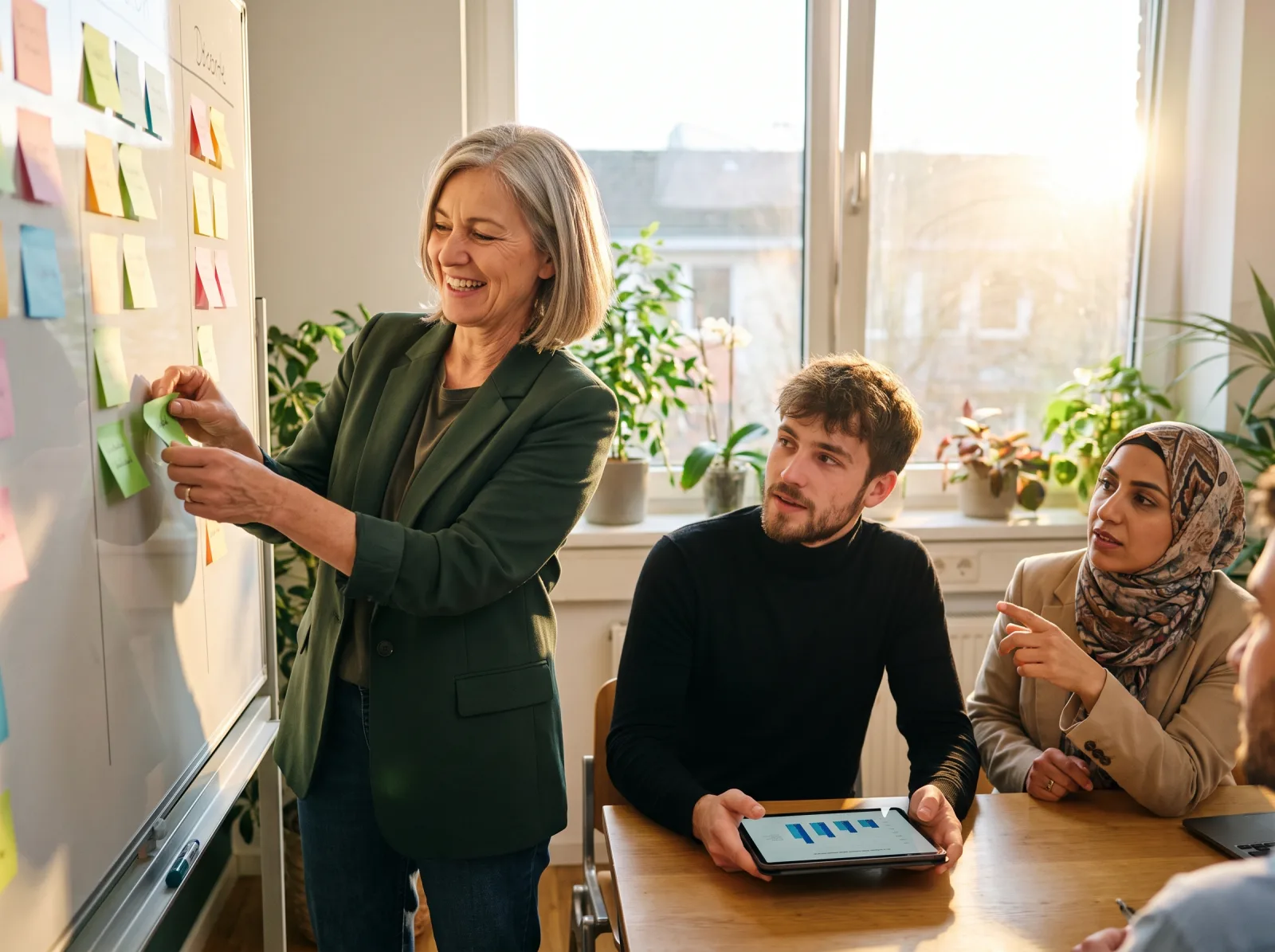 Marketingteam sortiert Haftnotizen am Whiteboard aus, Kollege zeigt Balkendiagramm