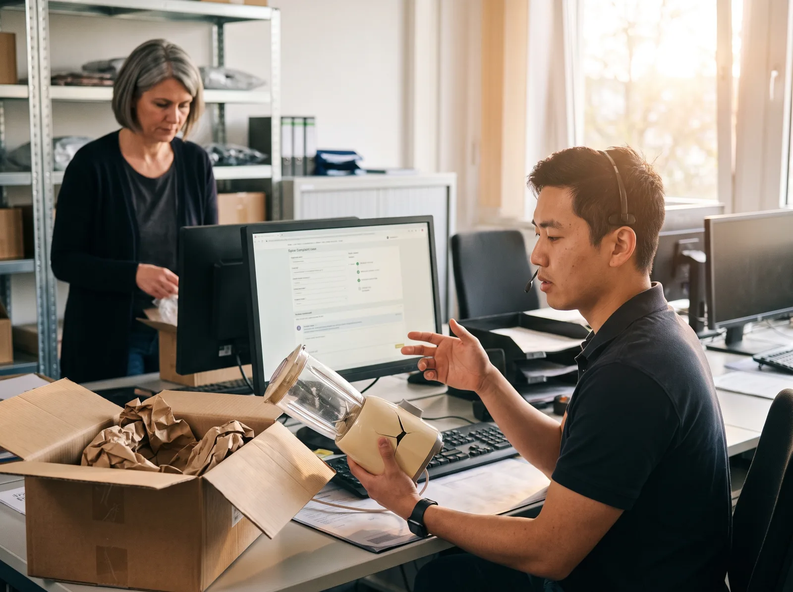 Kundenservice-Mitarbeiter mit Headset prüft reklamierten Mixer und den Fall am Monitor