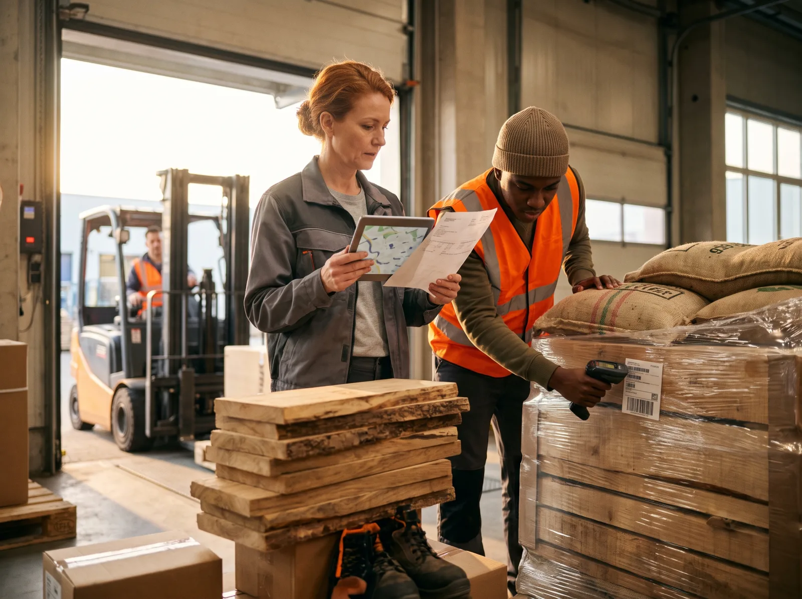 Lagerleiterin prüft Holz- und Kaffeelieferung mit Herkunftskarte auf dem Tablet