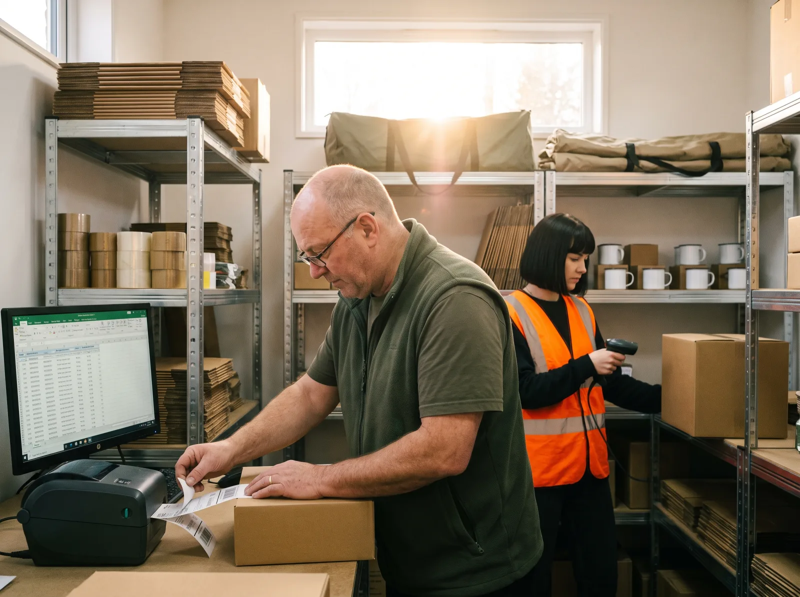 Händler klebt Versandetikett auf Paket, Bestellliste am Monitor, Kollegin scannt Ware