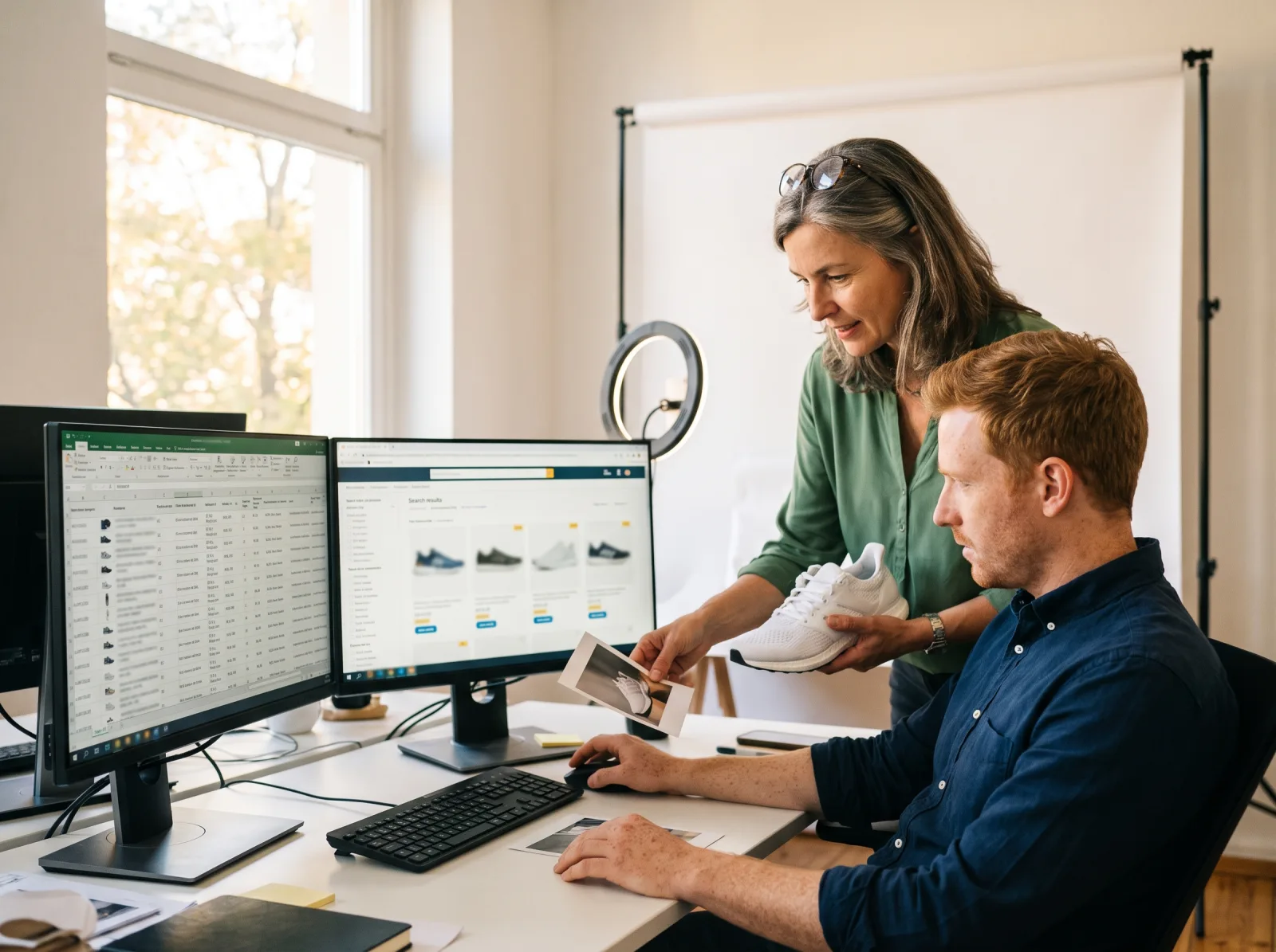 Marketing-Team gleicht Produktdaten-Tabelle mit Shopping-Anzeigenkacheln und Sneaker-Muster ab