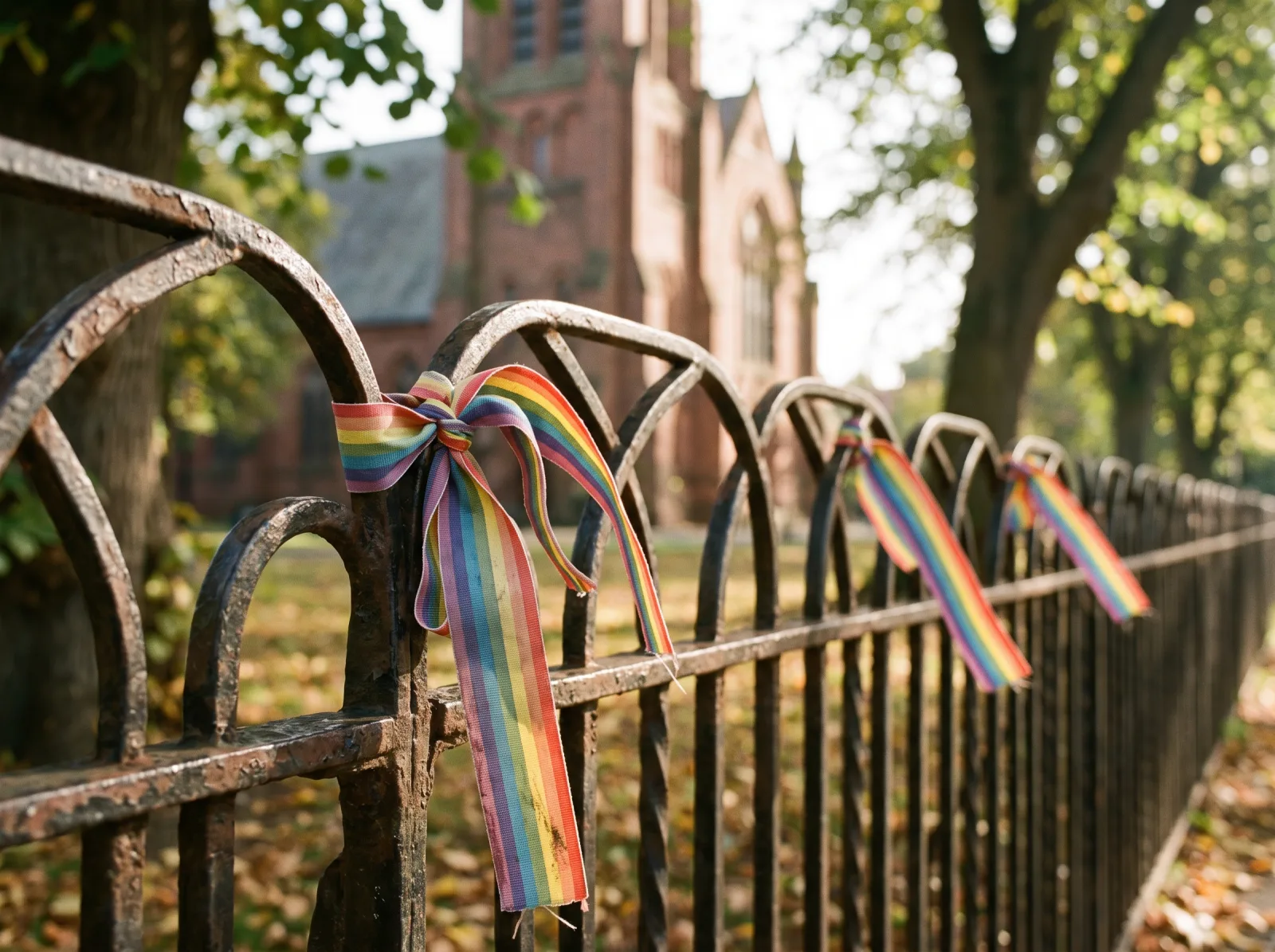 Regenbogenbänder an einem Parkzaun vor Backsteinkirche, ruhiges Morgenlicht