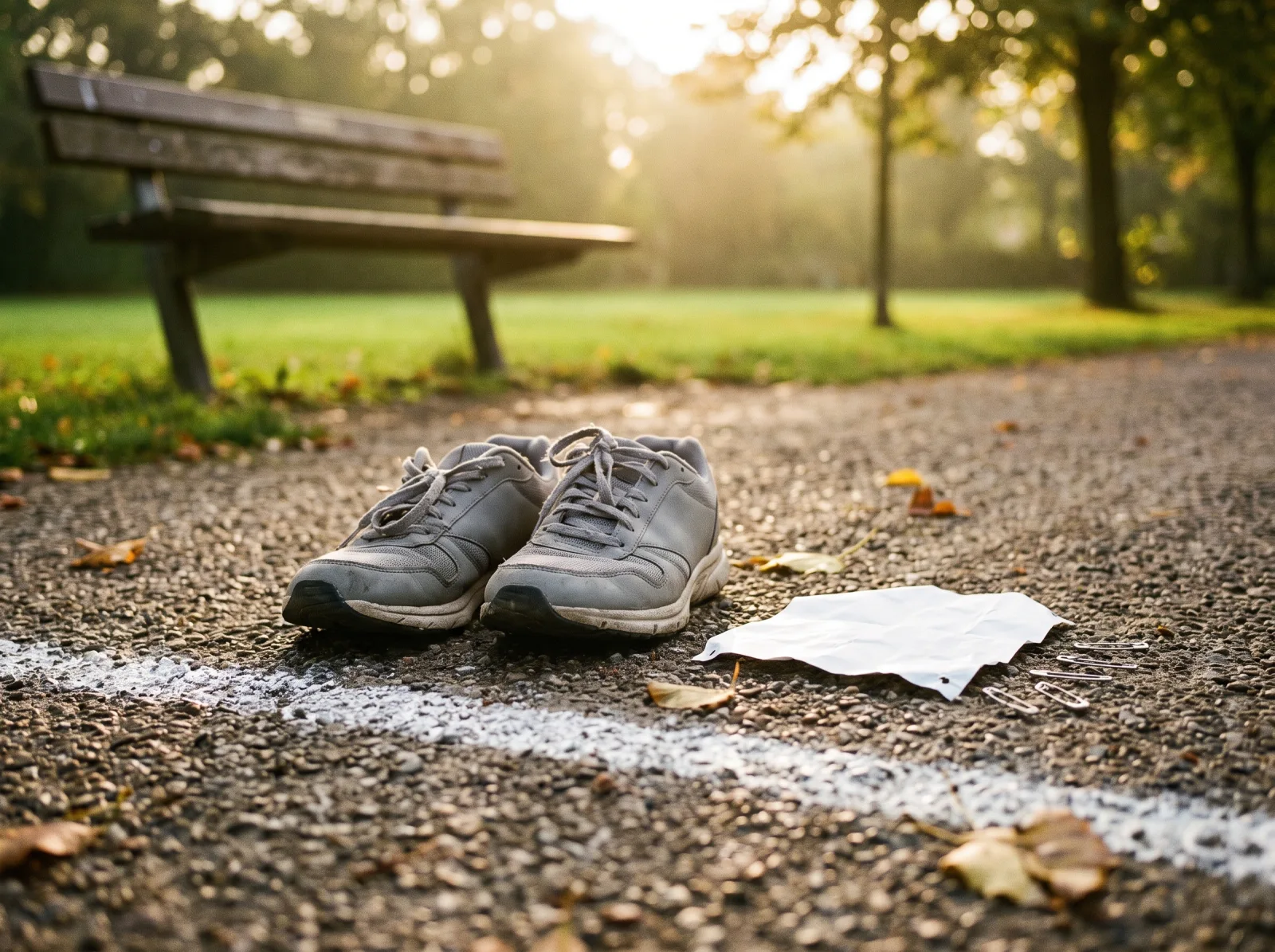 Laufschuhe an einer Kreide-Startlinie im Park, daneben Startnummer und Sicherheitsnadeln