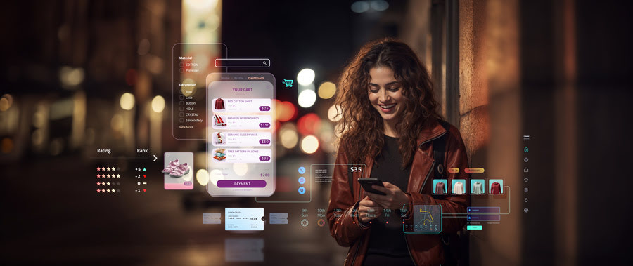 eine Frau hält ein Handy in der Hand und lächelt
