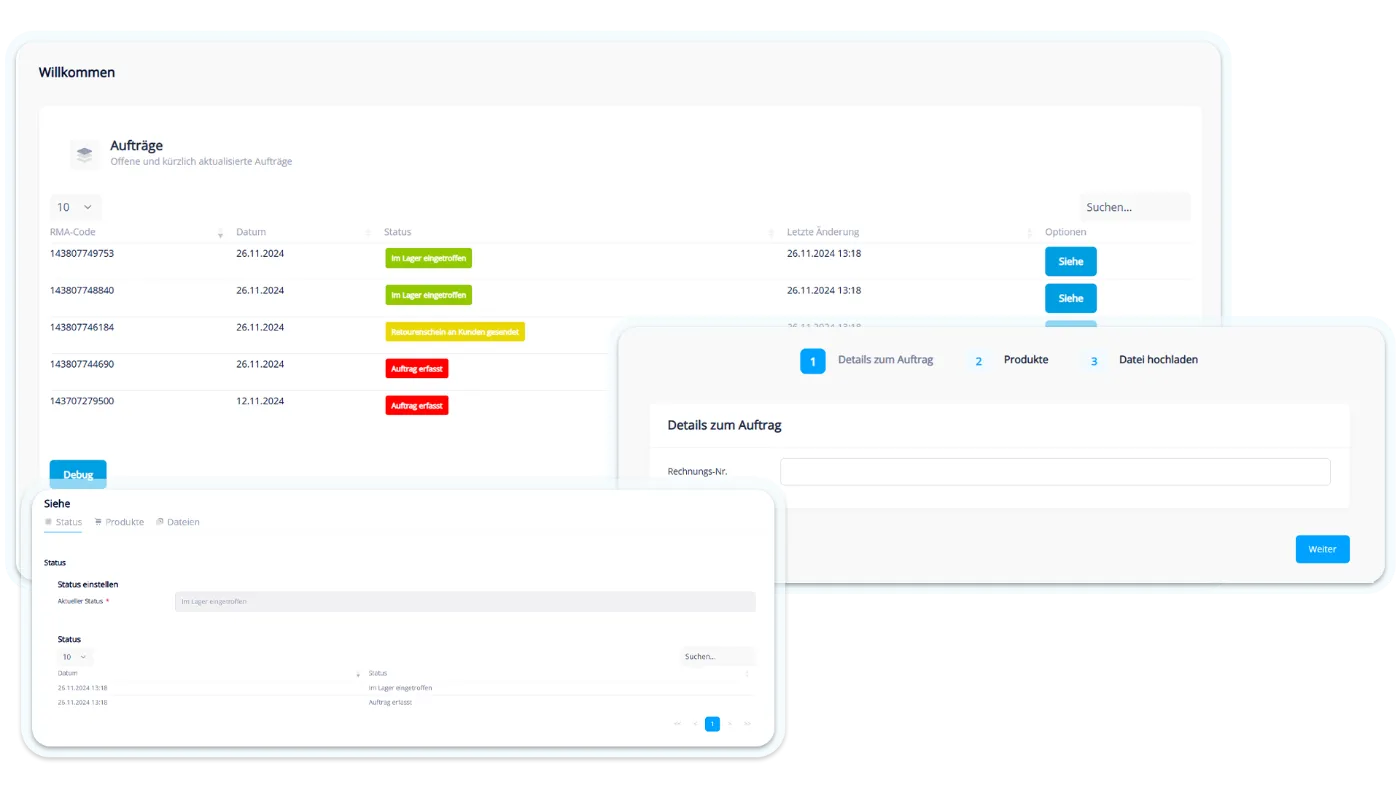 easyRMA Großkundenportal: Auftragsliste mit RMA-Code und Status je Vorgang, dazu Statushistorie und Auftrags-Assistent