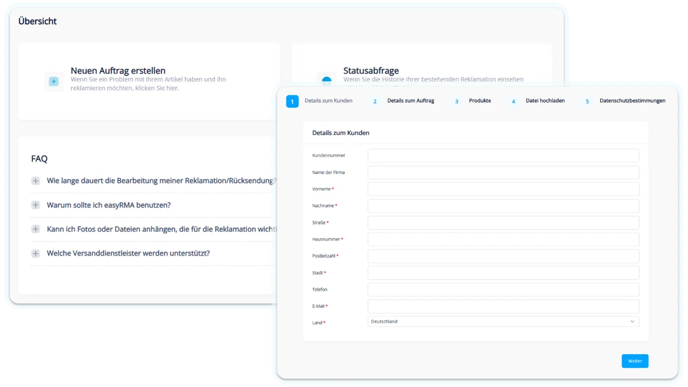easyRMA Endkundenportal: Übersicht mit „Neuen Auftrag erstellen“ und Statusabfrage, FAQ sowie Schritt-für-Schritt-Assistent für die Auftragsanlage