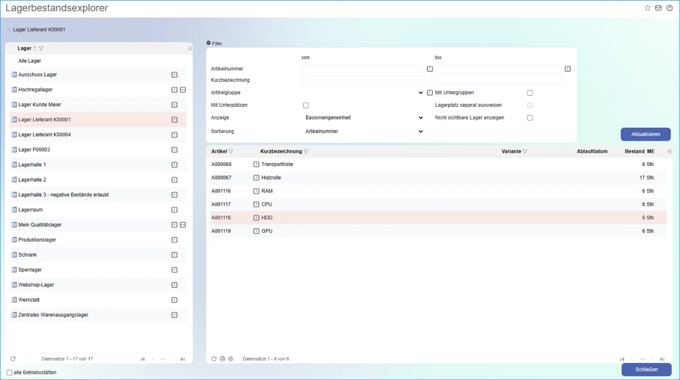 MyFactory Warenwirtschaft: Lagerbestands-Explorer mit Bestandslisten je Lager und Artikel