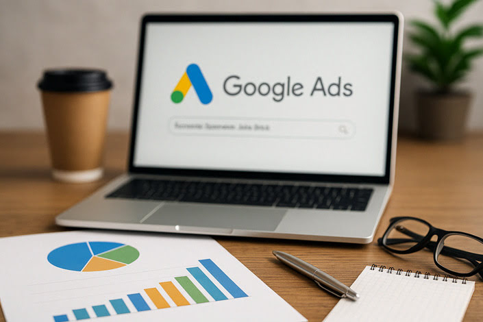 Laptop mit Google Ads Dashboard und Diagrammen