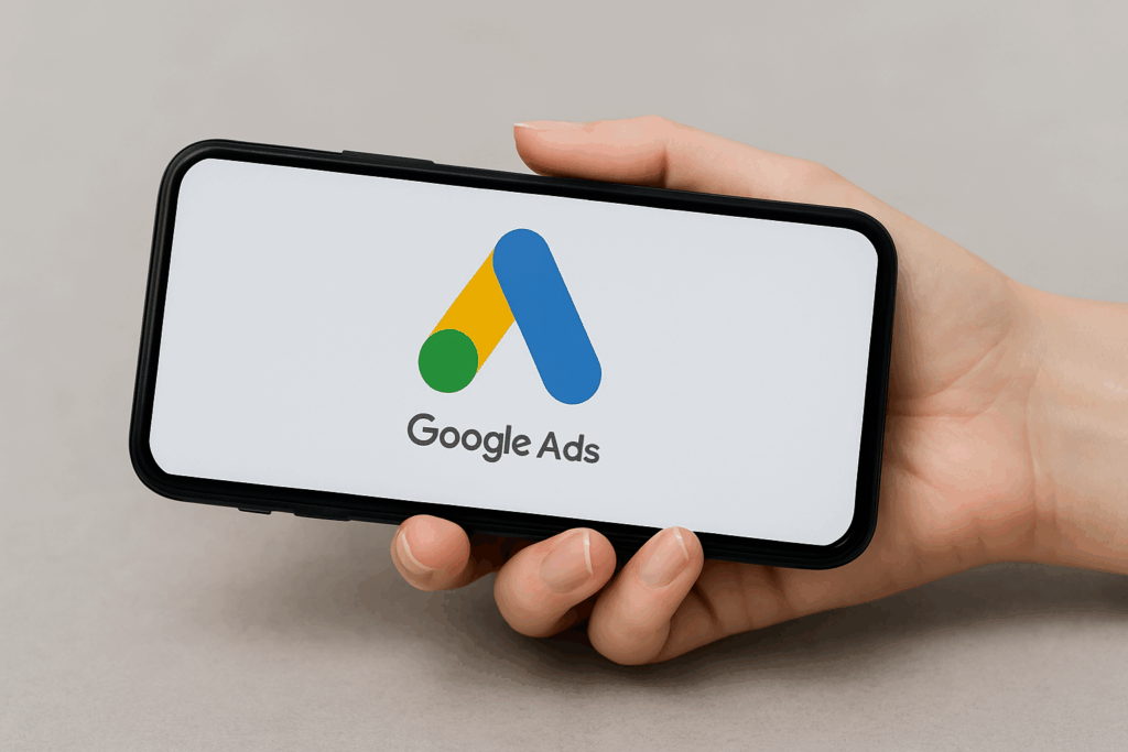Ein Handy in der Hand mit Google Ads Logo im Display