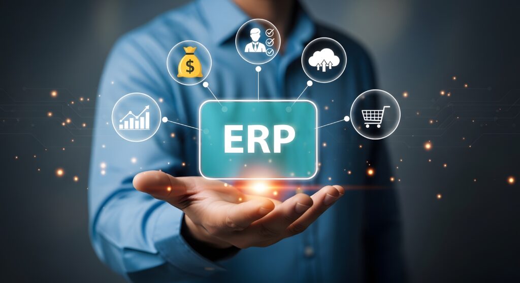 ein Mann hält ein ERP Zeichen in seiner Hand